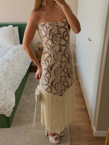 Lace Fringed Dress Brown