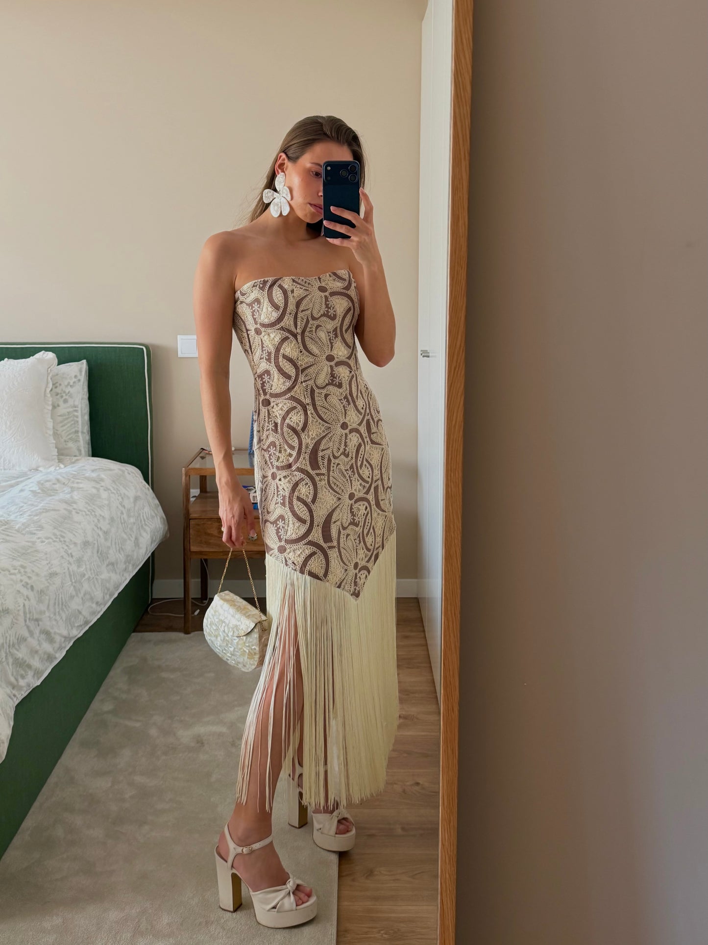 Lace Fringed Dress Brown