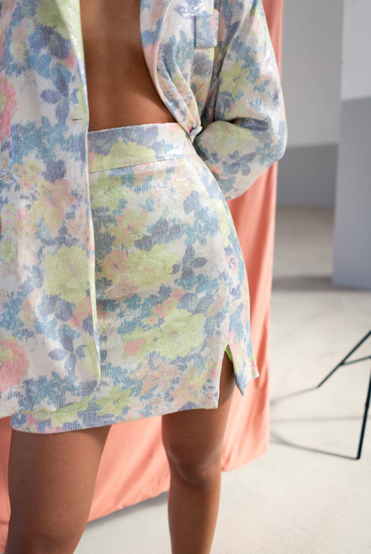 Falda de lentejuelas con estampado floral